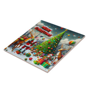 Azulejo De Cerâmica Festa de Natal com Papais noeis e renas