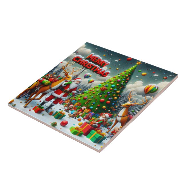 Azulejo De Cerâmica Festa de Natal com Papais noeis e renas (Lateral)