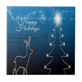 Azulejo De Cerâmica Festa de Natal Rena Árvore Céu Azul Estrelas Brilh