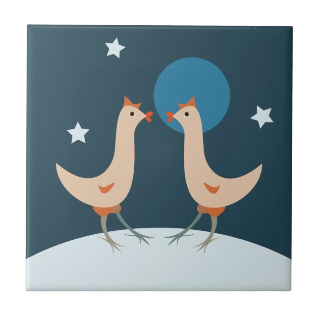 Azulejo De Cerâmica Festa Noturna das Galinhas Galinha da Lua Engraçad (Frente)