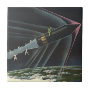 Azulejo De Cerâmica Ficção Científica Vintage Astronauta Pilotando um 