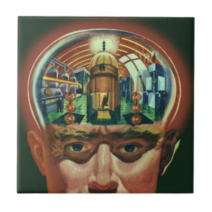 Azulejo De Cerâmica Ficção Científica Vintage, Cérebro Alien no Labora