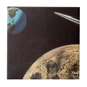 Azulejo De Cerâmica Ficção Científica Vintage, Nave Espacial Sobre a L