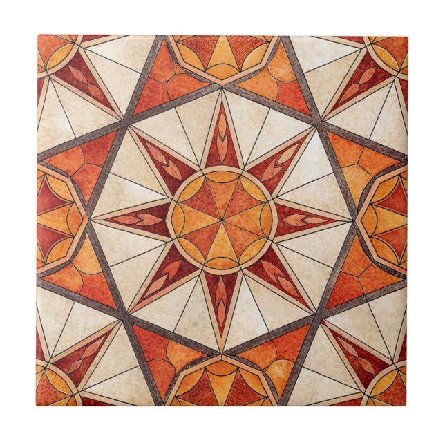 Azulejo De Cerâmica Fiery Red and Orange Starburst - Geometric Mosaic (Frente)