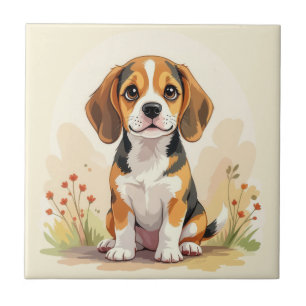 Azulejo De Cerâmica Filhote de Beagle Tricolor Preto, Marrom e Branco 