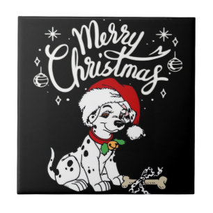Azulejo De Cerâmica Filhote de dálmata com chapéu de Natal de Natal