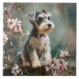 Azulejo De Cerâmica Filhote de Schnauzer Entre Flores de Cerejeira da