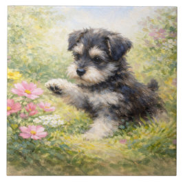 Azulejo De Cerâmica Filhote de Schnauzer Flores da Primavera