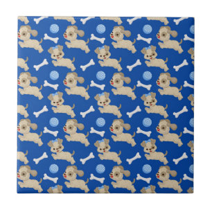 Azulejo De Cerâmica Filhotes Cachorro Branco Ossos Bola Azul Amante de