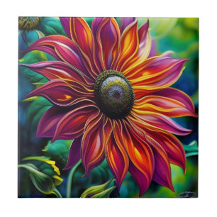 Azulejo De Cerâmica Filigre vermelho e Dourado Girassol