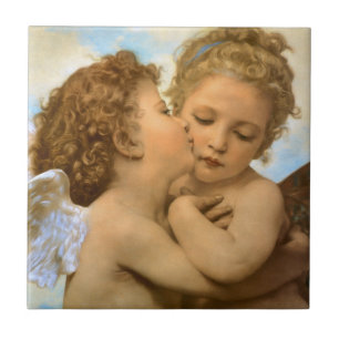 Azulejo De Cerâmica First Kiss (detalhe de anjo), de Bouguereau