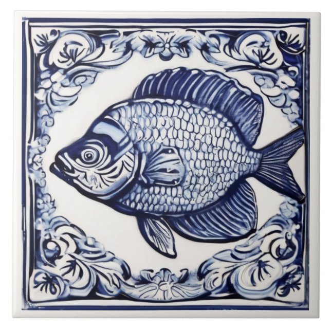 Azulejo De Cerâmica Fish Blue and White Sea & Ocean themed Beach House (Frente)