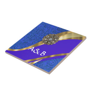 Azulejo De Cerâmica Fita azul de damasco e dourado