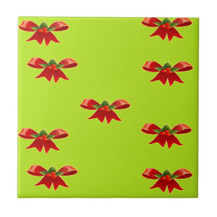 Azulejo De Cerâmica Fita vermelha de Natal em verde brilhante