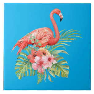 Azulejo De Cerâmica Flamingo e Flores Tropicais De Aquarela