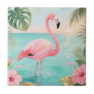 Azulejo De Cerâmica Flamingo Pôr do Sol Tropical Aquarela