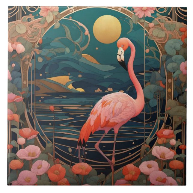Azulejo De Cerâmica Flamingo, rosa, Bird Art Nouveau Art Deco (Frente)