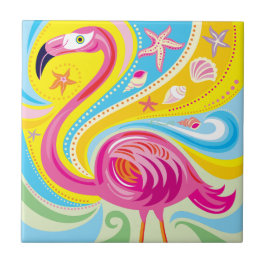Azulejo De Cerâmica Flamingo Rosa com Estrela do Mar