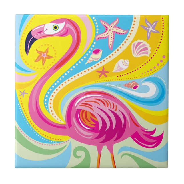 Azulejo De Cerâmica Flamingo Rosa com Estrela do Mar (Frente)