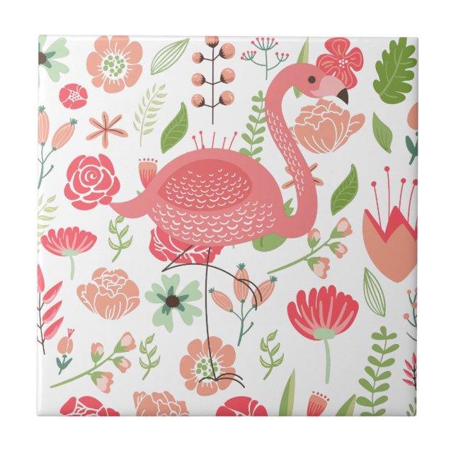Azulejo De Cerâmica Flamingo Rosa Com Flores Coloridas (Frente)