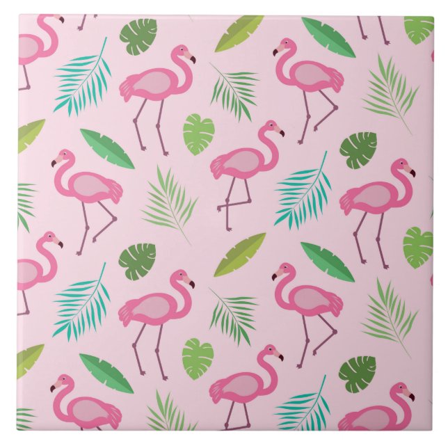 Azulejo De Cerâmica Flamingo rosa com padrão de folhas tropicais (Frente)