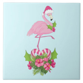 Azulejo De Cerâmica Flamingo rosa em Santa Hat com Buquê de Cané Adorm