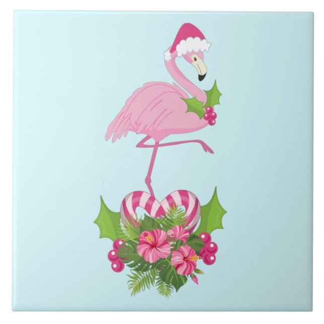 Azulejo De Cerâmica Flamingo rosa em Santa Hat com Buquê de Cané Adorm (Frente)