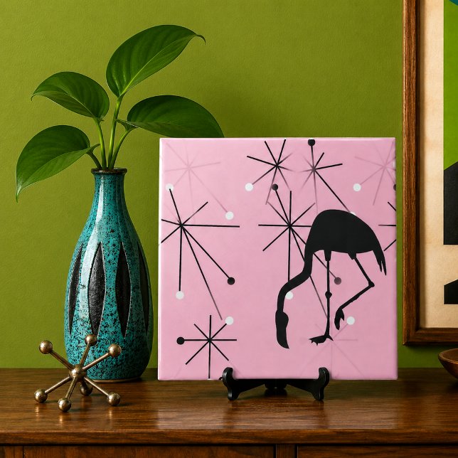 Azulejo De Cerâmica Flamingo Rosa Moderno de Meados do Século Estrela  (midcentury mod atomic starbursts flamingo silhouette Palm Spring deco beach house decor retro tile)