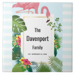 Azulejo De Cerâmica Flamingo Rosa na moda e Folhas Tropicais<br><div class="desc">Azulejo cerâmico com um flamingo cor-de-rosa giro e caprichoso. Cercados por folhas tropicais verdes e flores de hibisco vermelhas e amarelas. Um quadro de gradiente dourado em forma de retângulo no centro. Personalize com seu próprio texto.</div>