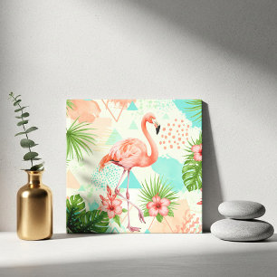 Azulejo De Cerâmica Flamingo Tropical Aquarela & Padrão Geométrico