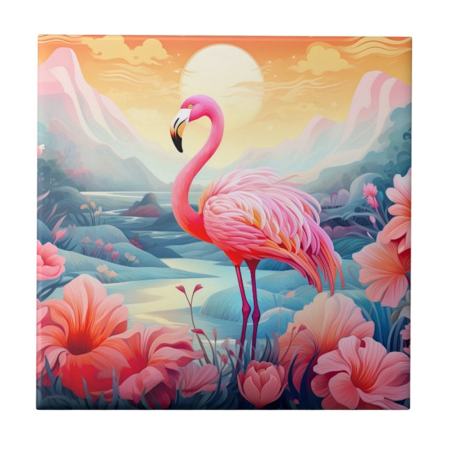 Azulejo De Cerâmica Flamingo Tropical com Flores (Frente)