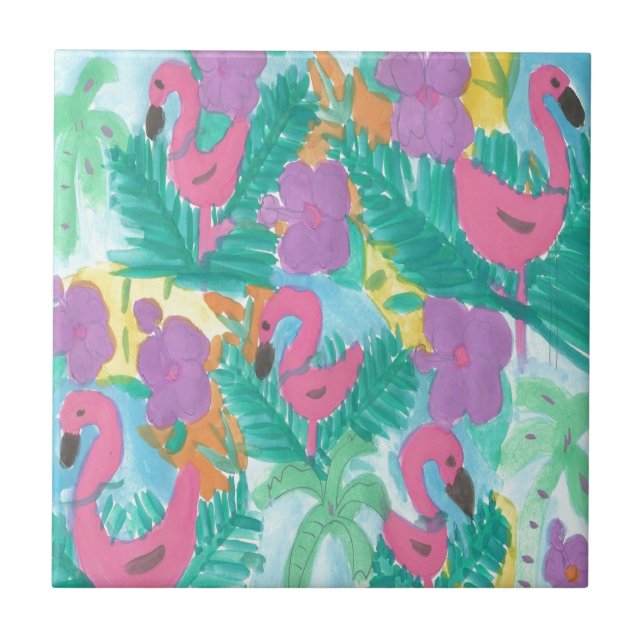 Azulejo De Cerâmica Flamingo Tropical Jungle Patterno (Frente)