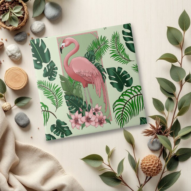 Azulejo De Cerâmica Flamingo Verde Rosa Deixa a Lily (Criador carregado)