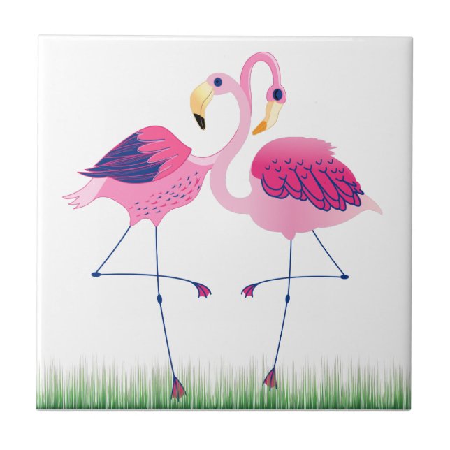 Azulejo De Cerâmica Flamingos Cor-De-Rosa Bonitos Na Grama Verde (Frente)