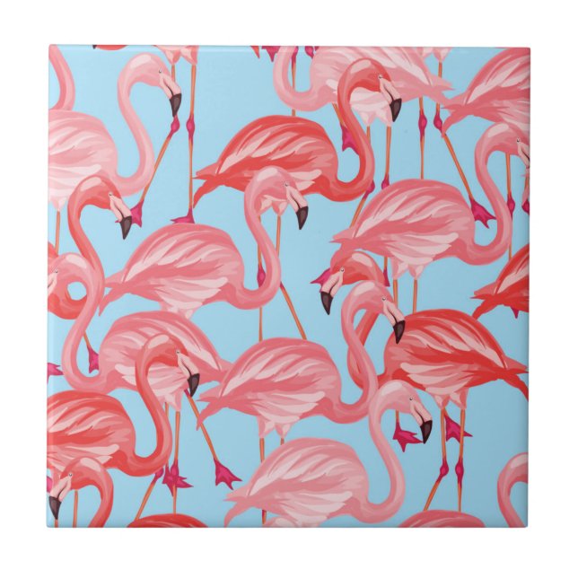 Azulejo De Cerâmica Flamingos cor-de-rosa brilhantes no azul (Frente)