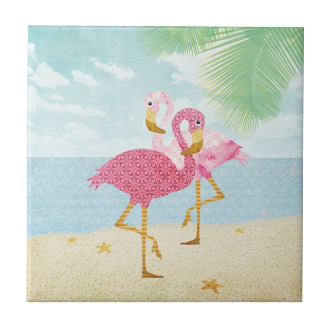 Azulejo De Cerâmica Flamingos cor-de-rosa da aguarela na praia (Frente)