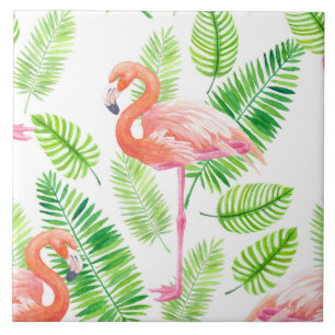 Azulejo De Cerâmica Flamingos e folhas tropicais