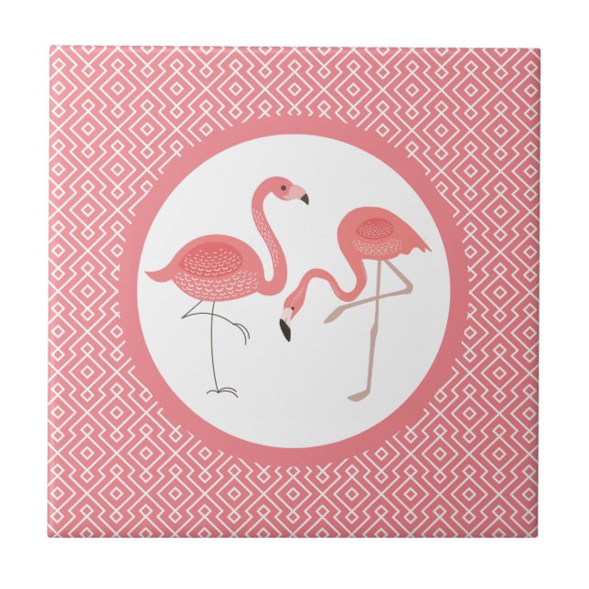 Azulejo De Cerâmica Flamingos Rosa Em Padrões Geométricos Brancos E Ro (Frente)