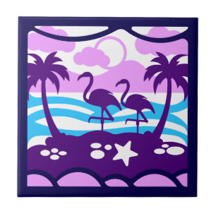 Azulejo De Cerâmica Flamingos Tropicais Palmeiras Roxas Nuvens Rosadas