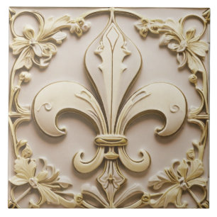 Azulejo De Cerâmica Fleur de Lis Antique Cream Dourado Beige Faux Aliv