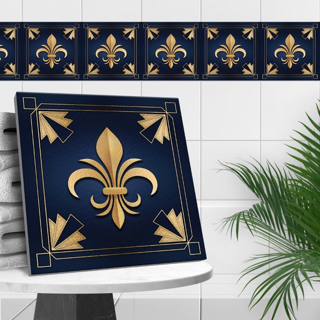 Azulejo De Cerâmica Fleur-De-Lis - Art Deco - Azul e Dourado (Criador carregado)