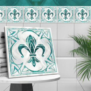 Azulejo De Cerâmica Fleur-De-Lis - Art Nouveau - Aquamarine