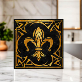 Azulejo De Cerâmica Fleur-De-Lis - Art Nouveau - Black Marble e Dourad
