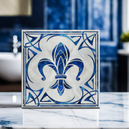 Azulejo De Cerâmica Fleur-De-Lis - Art Nouveau - Blue Marble e pérola