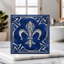 Azulejo De Cerâmica Fleur-De-Lis - Art Nouveau - Blue Marble e pérola