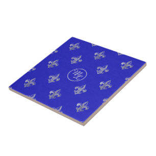 Azulejo De Cerâmica Fleur de Lis Azul Real Preppy Personalizado
