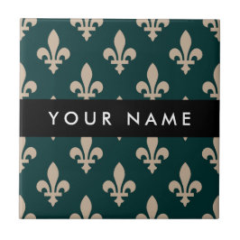 Azulejo De Cerâmica Fleur de Lis, Beige on Green, Royal, Your Name