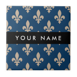 Azulejo De Cerâmica Fleur de Lis, Beige on Navy Blue, Royal, Your Name