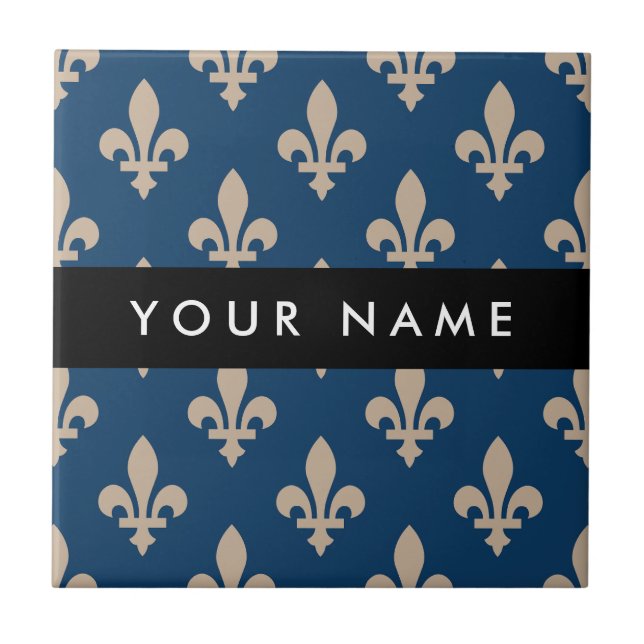 Azulejo De Cerâmica Fleur de Lis, Beige on Navy Blue, Royal, Your Name (Frente)