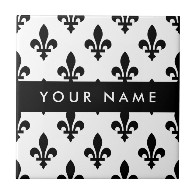 Azulejo De Cerâmica Fleur de Lis, Black on White, Black, Your Name (Frente)